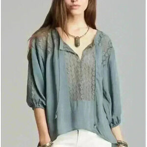 Free People Moon River Boho Lace Panels Peasant Top Balloon Sleeve Size Small